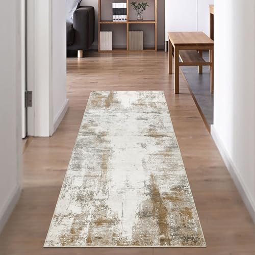 Famibay Flurläufer, rutschfest, 50 x 150 cm, modern, abstrakt, Flurläufer, waschbar, Küchenteppiche für Flur, Eingangsbereich, Küche, Schlafzimmer, Beige / Braun