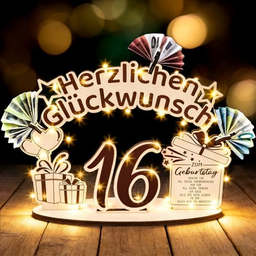 16 Geburtstag Mädchen Junge, Holz Geldgeschenke Geburtstag mit LED Lichterketten, Geschenke für 16 Jährige Mädchen Jungs, Deko 16 Geburtstag Mädchen Junge