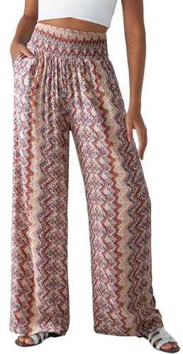 Dokotoo Sommerhose Damen Leicht Palazzo Hose Elegant Sommer High Waist Baggy Leinenhose Weite Hosen mit Taschen Elastisch Böhmen Blumenmuster Stoffhose Freizeithose S-XXL