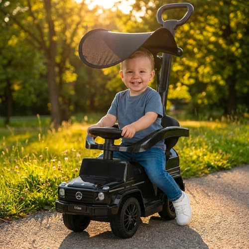 Actionbikes Motors Lauflernwagen Mercedes G350d Lizenziert (Schwarz 3in1) | Rutschauto mit Schiebestange Schutzbügel Sonnendach | Kinderauto | Rutschfahrzeug | Gehwagen | Kinderfahrzeuge ab 1 Jahr