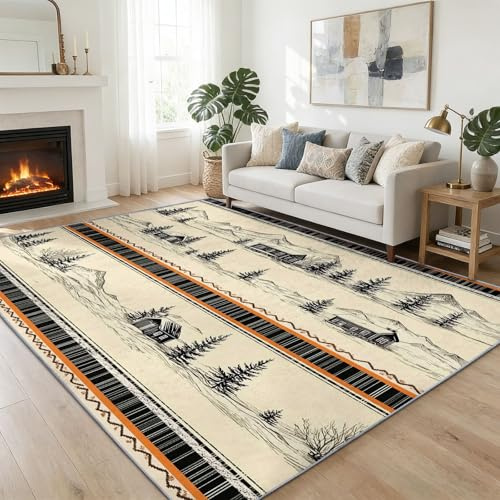 180 x 240 cm Teppich Wohnzimmer rutschfest Waschbar Landschaft Schnee Hütten Berge Kuscheliger Kurzflor Teppich, Kinderfreundlicher Schlafzimmerteppich Pflegeleicht, Weiche Bodenmatte, Beige