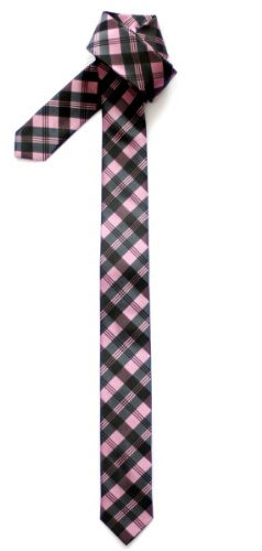 Retreez Cravate Fine Slim Motifs Carreaux Tartan Tissée en Microfibres de Rose et Gris