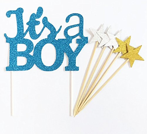 AILEXI Handmade 6 Counts Glitter Baby Shower Cake Decorating Toppers - IT'S A BOY Set