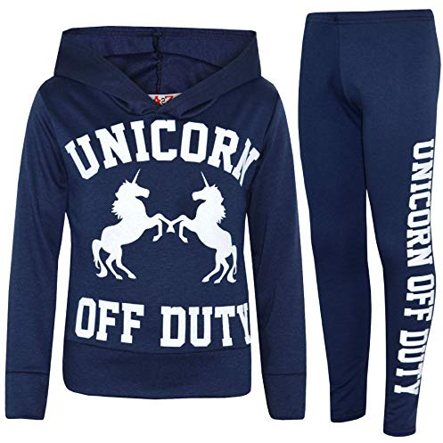 A2Z 4 Kids Girls Unicorn Off Duty Hooded Crop Top & Leggings Set - Unicorn Hooded Crop Set Navy 7-8