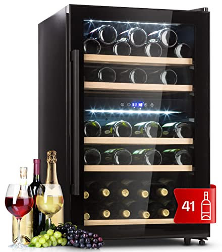 Klarstein Vinoteca 41 Botellas, Nevera Vinos de una Zona, Nevera Expositora Vino y Cerveza, Vinoteca Pequeña Interior y Exterior con Puerta de Cristal, Nevera Vino Protección UV, Panel Táctil, 5-18°C