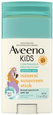 Aveeno Kids Continuous Protection Zinc Oxide Mineral Sunscreen Stick for Sensitive Skin, Face & Body Sunscreen Stick for Kids with Broad Spectrum SPF 50, Sweat- & Water-Resistant, 1.5 oz