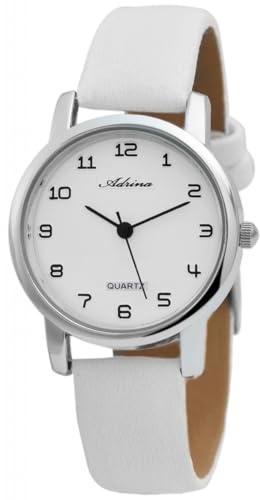 Adrina Damenuhr Weiß Silber Analog Metall Kunst-Leder Quarz Armbanduhr