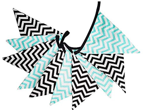 Koomiao Cotton Fabric Triangle Flag Garland Floral Pennants Bunting Banner Wedding Birthday Party Decoration Long: 2.4-2.5 meters Blue Black (Wave)