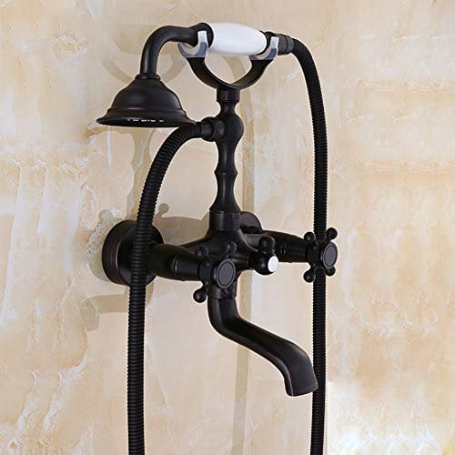 Badewannenarmatur - Wannenbatterie, Wand-Duscharmatur Mit Handbrause, Schwarz Retro Messing Zweigriff Wannenarmatur, Mit Keramikkartusche - Wandhalterung, Aufputz Wannenmischer-Dusche Set