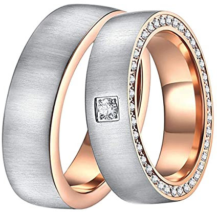 DOOSTI Damen Herren Ring für Paare aus Edelstahl Bicolor mit Zirkonia Partner Geschenk für Hochzeit als Ehering Partnerring Trauring (Damenring, 48 (15.3))
