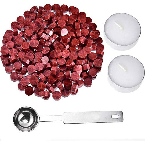 Kit de Sellado de Cera,250 PCS Perlas de Cera de Sellado+2 Velas de té Blanco+1 Cuchara de Fusión de Cera Kit Lacre de Sellado Octagonal para Sellado de Sello de Cera Rojo