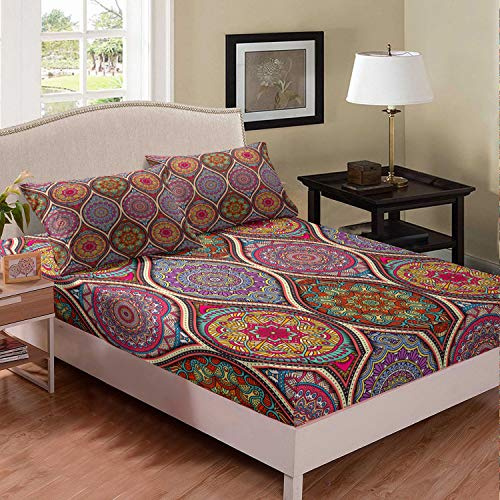 feelingyou Paisley Blumen Spannbettlaken 140x200cm Indischer Mandala-Kreis Blumen Spannbetttuch für Kinder Jungen Mädchen Erwachsene Böhmen Spannbetttuch Bettlaken Set Ultra weich 2St