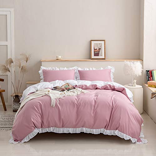 Rosa Trösterbezug 135x200 für Kinder Mädchen, weiße Rüschen Bettwäsche Set Shabby Chic Bettbezug Leichte reversible Tagesdecke Bezug für erwachsene Frauen Schlafzimmer Wohnzimmer Dekor, 2 Stück