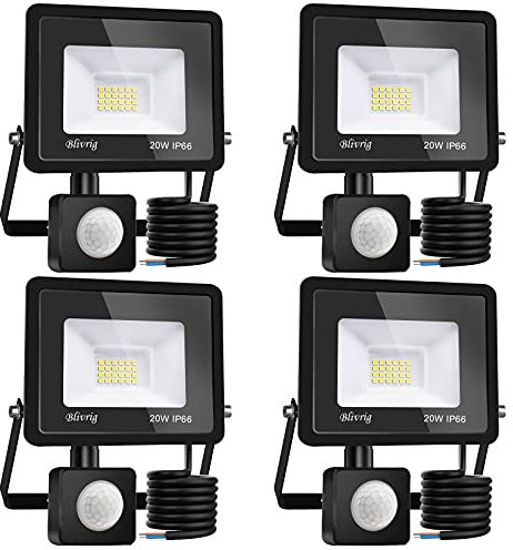 Blivrig LED Strahler mit Bewegungsmelder Außen 20W Warmweiss, Fluter mit Bewegungssensor, Superhell 2000LM Aussenstrahler, IP66 Wasserdicht Scheinwerfer, für Garten, Garage (4pcs-Warmweiß, 20W)