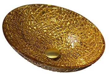 LHJK Oval Geformtes Künstlerisches Gehärtetes Glas-Waschbecken-Waschbecken-Waschschüssel, Badezimmer-Aufsatzwaschbecken, Waschraum-Waschbecken,Gold