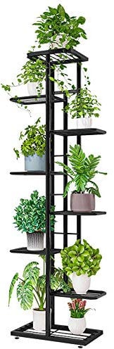 QUMENEY 8-stöckiger Pflanzenständer aus Metall, mehrere Blumentopfhalter-Regale, Pflanzgefäß-Aufbewahrungs-Organizer für drinnen und draußen, Balkon, Garten,dunkelgrau silber
