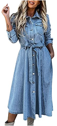 Sisifa Jeanskleid Damen Lässiges Revers Langes Geknöpftes Denim Kleid Lockere Hemdkleider mit Taschen Partykleid Langarm Midi Kleider mit Gürtel