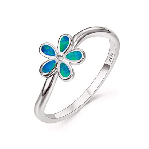 BEDT Netter Weiblicher Blauer Weißer Opal-Ring-Silber-Farben-justierbare Hochzeits-Ringe Für Frauen Boho-brautliebes-Blumen-verlobungs-Ring