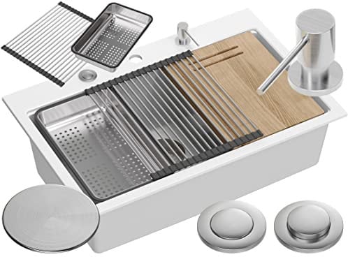 QUADRON Fregadero Granito | tamaño 76 x 50 cm, Color: Blanco | Marc Set Incluye: Tapa de Acero, dosificador de jabón, Tabla de Cortar de Madera, Qmat Multifuncional, Bandeja recogegotas de Acero