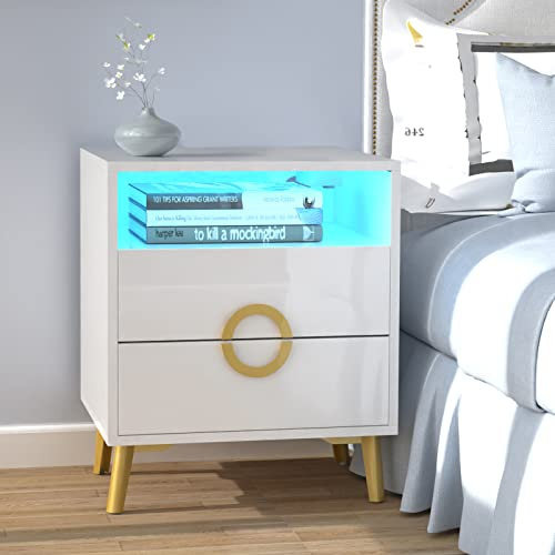 Lvhcmfohm Nachttisch Boxspringbett, Moderner Nachtschrank, Nachtkästchen mit Led, Nachtkommode mit Schubladen für Wohnzimmer, Schlafzimmer (45x40x57cm, Weiß)