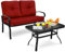 COSTWAY Outdoor Loveseat Bench, 2-Seater Garden Furniture Set with Coffee Table and Cushions, Metal Frame Patio Sofa Table Set for Balcony Backyard Lawn Poolside (Red)