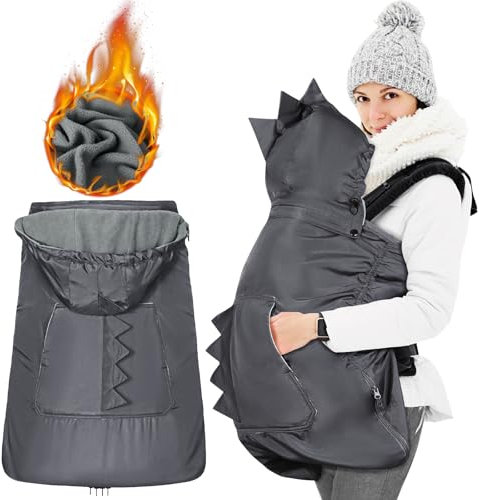 Orzbow Winter Tragecover für Babytragen,Universal Regenschutz für Tragetücher mit Tasche,Abnehmbare Kapuze mit Kordelzug,Polarfleece-Futter,Unterer Reißverschluss,Wasserdichte (Dunkelgrauer Dino)