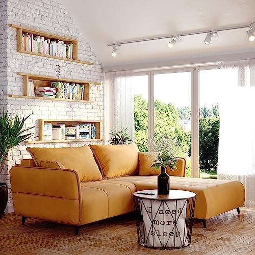 Sofa Isabell mit Bettkasten Schlafsofa Polstersofa mit Schlaffunktion Klappsofa Couch mit Schwarzen Füßen Sofagarnitur Wohnzimmer Gastzimmer (Sofa L-Form, Gelb)