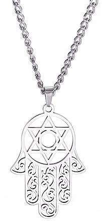 EUEAVAN Hamsa Hand der Fatima Hexagramm Halskette Davidstern Böses Auge Anhänger Jüdisch Weiblich Schutz Amulett Symbol Schmuck Frauen Männer (silber)