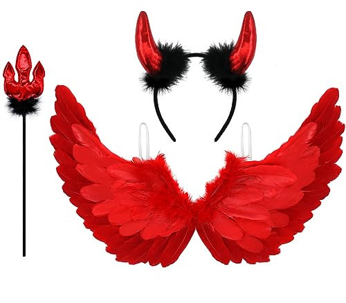 Newthinking Angel Wings and Horns for Adults Kids, Red Feather Wings Halloween Angel Devil Costume Cosplay for Women Girls, 65x35cm