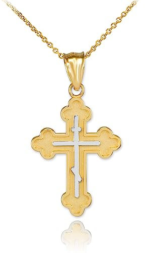 Little Treasures Two-Tone 9 Karat Gold Gelb Gold Östlich Orthodox Kreuz Charm Anhänger Halskette (Verfügbare Kettenlänge 40cm - 45cm - 50cm - 55cm) 55
