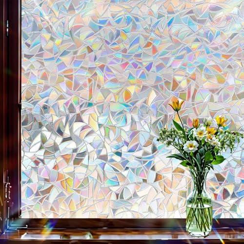 Linarun Fensterfolie Blickdicht Selbsthaftend,Sichtschutzfolie Fenster Bunt,3D Regenbogen Folie Fenster Statisch Haftend ohne Klebstoff Anti UV Sonnenschutz für Büro Wohnzimmer 60x200cm