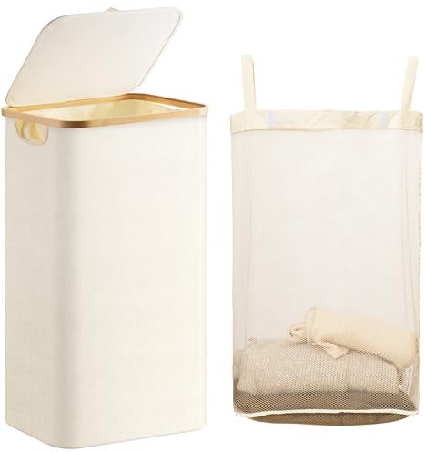 Famyards Wäschekorb mit Deckel, 100 l, großer Wäschekorb mit Bambusgriffen und herausnehmbarem Innentasche, zusammenklappbar für Badezimmer, Schlafzimmer, Schlafsaal, Waschküche (Beige)