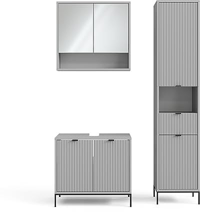 Vicco Badmöbel-Set Eliza, Badezimmerschrank-Set, Grau, 3 Teile, mit Hochschrank