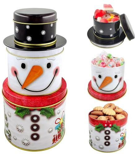 TaimeiMao 3 Stück Weihnachten Keksdose,3 in 1 Schneemann Keksdosen,Plätzchendose Metall,Dreistöckige Gebäckdosen,Vorratsdosen für Süßigkeiten Schokolade Cookies zu Winter Advent Weihnachten
