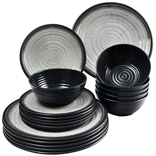Melamin Geschirr Set 6 Personen Grau Granit-Optik 18 Teile Outdoor Camping