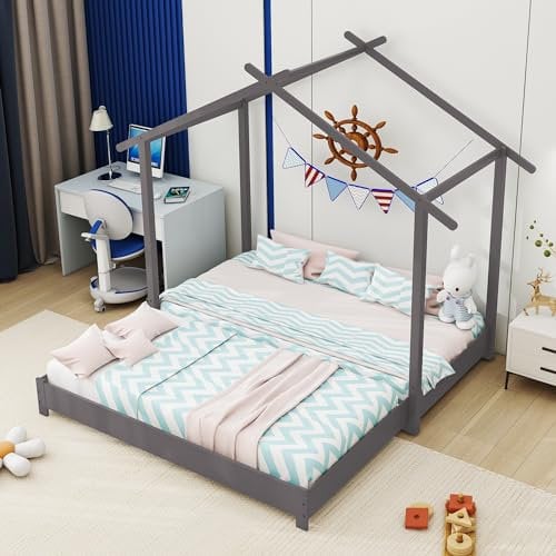 ZYLOYAL10 Hausbett 90/180 x 190cm Holz Kinderbett für Jungen & Mädchen Massivholz Kinder Bett umbaubar Bodenbett mit Lattenrost (Grau)