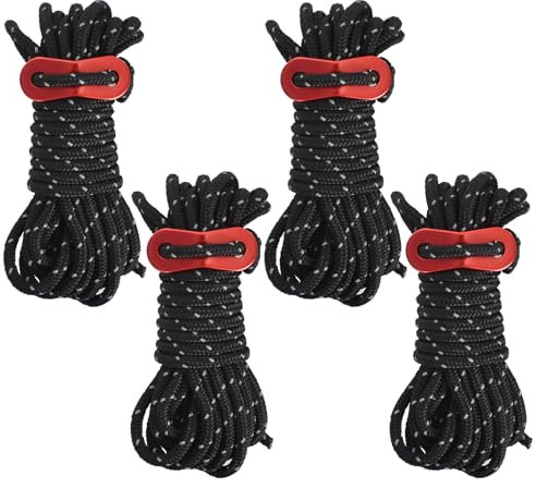 Pack of 4 Camping Guy Ropes,4M Long Reflective Tension Cord,Diameter 4mm Adjustable Outdoor Tent Guide Rope,with Rope Tensioner,Sturdy Nylon Rope,for Camping Hiking Tents Windproof