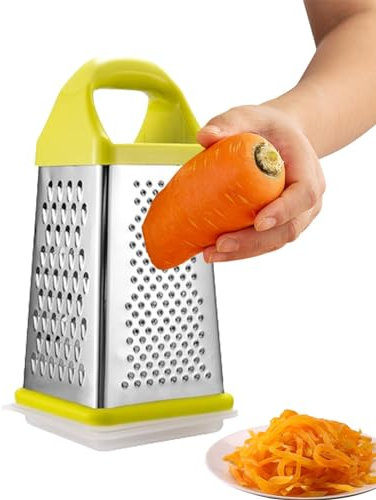 4-seitige Kastenreibe – Käsereibe aus Edelstahl | spülmaschinenfeste Kastenreibe mit Aufbewahrungsbox, Gemüseschneider, Lebensmittelzerkleinerer, Karottenschneider für feine, mittlere, grobe Rost,