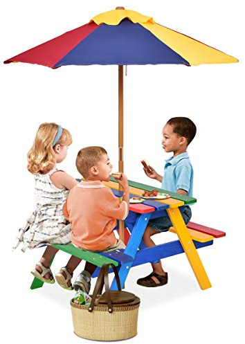 GOPLUS Mesa Infantil de Exterior, Mesa de Picnic para niños con sombrilla, Mesa y Banco de jardín de Madera, para 1-4 niños, 89×79×50 CM (Multicolor)
