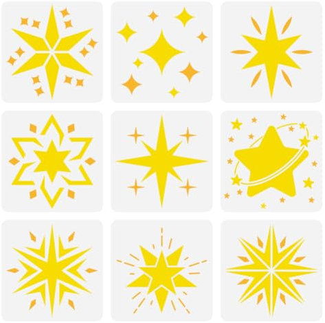 FINGERINSPIRE 9 Pcs Pochoirs Étoiles pour Peinture 15X15cm Pochoir Étoiles Décor Réutilisables Différentes Tailles Modèle Étoile Thème Fantastique Modèle Étoiles Pochoir pour Mur Bois DIY Décor Maison