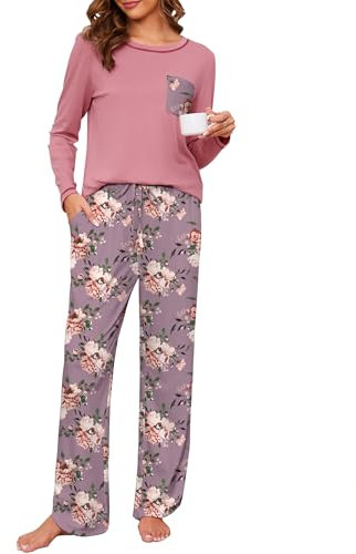 Namatime Damen Schlafanzug Lang Pyjama Winter Kariert Schlafanzüg Baumwolle Pyjama Zweiteiliger Sleepwear Soft Loungewear mit Pyjamahose Rosa Floral M