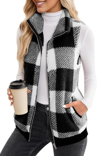 FEOYA Teddy Fleece Weste Damen Warm Plaid Plüschweste mit Taschen Stehkragen Herbstmantel Kurze Ärmellose Winterjacke Schwarz M