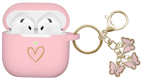 AIIEKZ Compatible with AirPods 4 Case Cover 2024, Soft Silicone Case with Gold Heart Pattern for AirPods 4th Generation Case with Cute Butterfly Keychain for Girls Women (Pink)