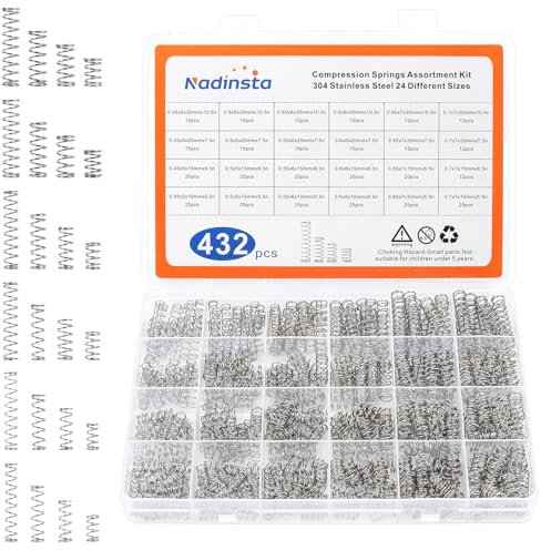 Nadinsta 432 Stück Druckfedern Sortiment, 24 Größen Edelstahl Druckfeder, Metall Spiralfeder Durchmesser, Längen 10mm 15mm 20mm 30mm, 6 Verschiedene Feder Zugfeder Sortiment für DIY Craft Repair
