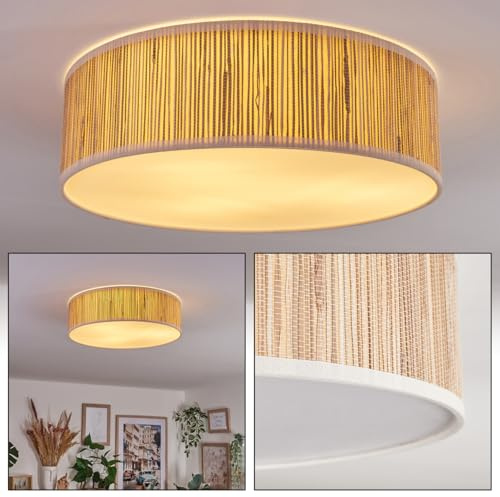 Lámpara de techo HOFSTEIN Foggia, lámpara de techo de metal/paja de junco/tela/plástico en negro/natural/beige/blanco, lámpara redonda de diseño boho (Ø 40 cm), E27, comedor, salón, dormitorio, cocina