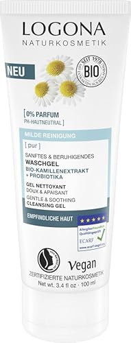 LOGONA Naturkosmetik PUR Sanftes & beruhigendes Waschgel mit Bio-Kamillenextrakt & Probiotika, pH-hautneutrales Reinigungsgel für empfindliche Haut, für eine reine Gesichtshaut, 100ml