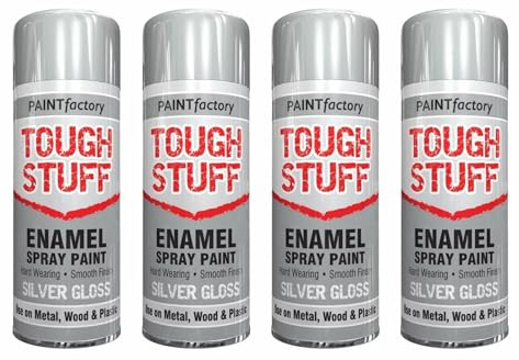 DIOXSTAR Enamel Silver Gloss Spray Paint, Fast Drying, Suitable for Wood, Plastic, Metal, Interior and Exterior Use, Hard Wearing & Smooth Finish, 400ml (4 PCS)