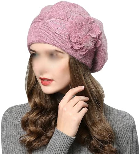 Vogrtcc Klassische Damen-Beanie-Mütze, doppellagig, gestrickt, klassische Thermo-Angora-Mütze, dick, warm, kaltes Wetter, Wintermütze, rosa 1, Einheitsgröße