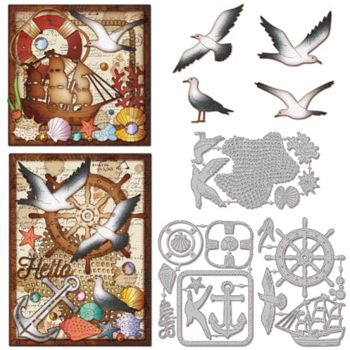 GLOBLELAND Stanzformen Mit Möwenruder Für Sommer Scrapbooking Metall Fischernetze Anker Rettungsboje Stanzformen Muscheln Korallen Stanzungen Für Kartengestaltung Prägung Fotoalbum Basteldekoration