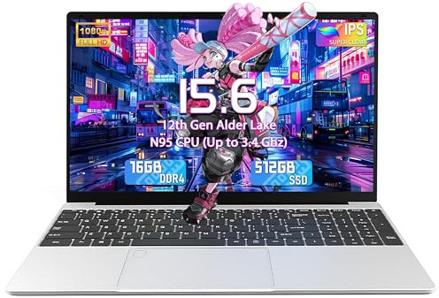 Amita 15,6 Silber FHD Laptop,N95 (bis zu 3,4 GHz), 16GB DDR4 RAM, 512GB NVMe SSD, Win 11 Pro, Hintergrundbeleuchtete Tastatur, Fingerabdrucksensor, Dualband-WiFi, Inklusive Tastaturfolie (16+512G)